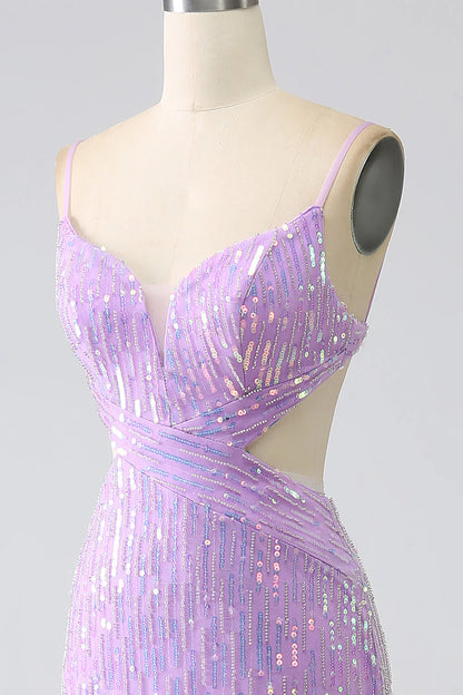 Vestido de fiesta Amzcw con lentejuelas, tirantes finos y sirena morado brillante con abertura 