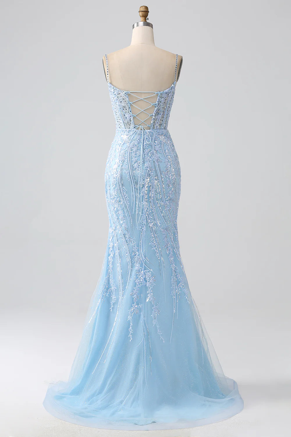 Amzcw Sparkly Sky Blue Mermaid Spaghetti Straps Corset Long Prom Dress With Sequins