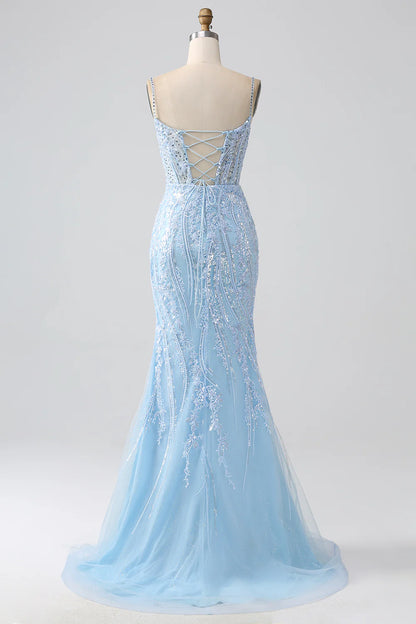 Amzcw Sparkly Sky Blue Mermaid Spaghetti Straps Corset Long Prom Dress With Sequins