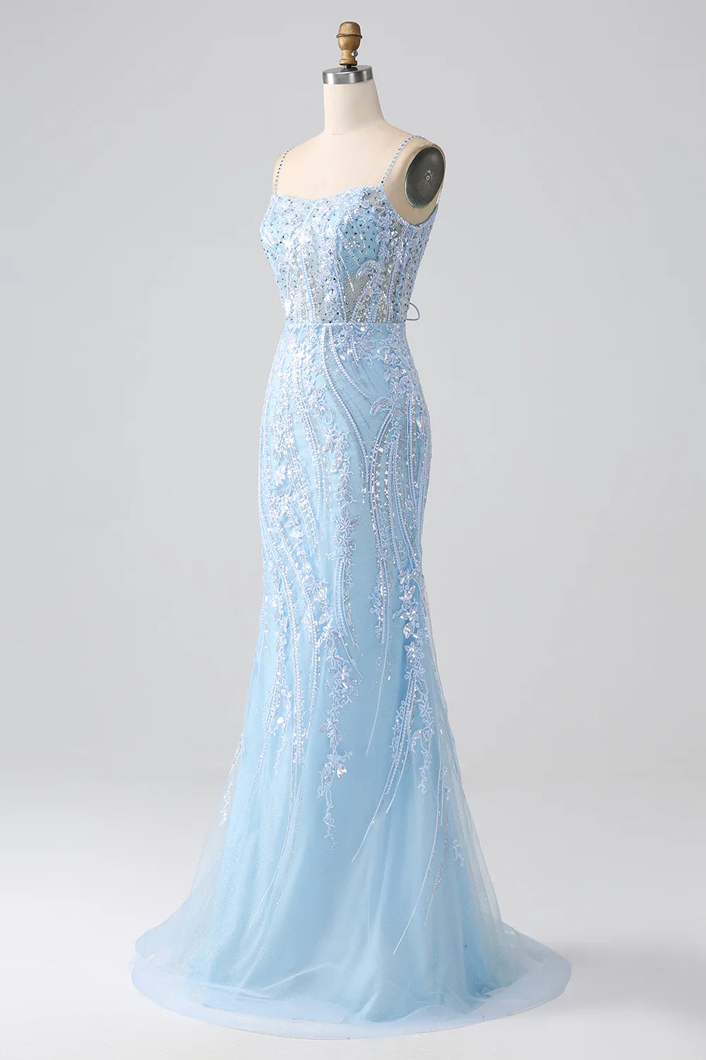 Amzcw Sparkly Sky Blue Mermaid Spaghetti Straps Corset Long Prom Dress With Sequins