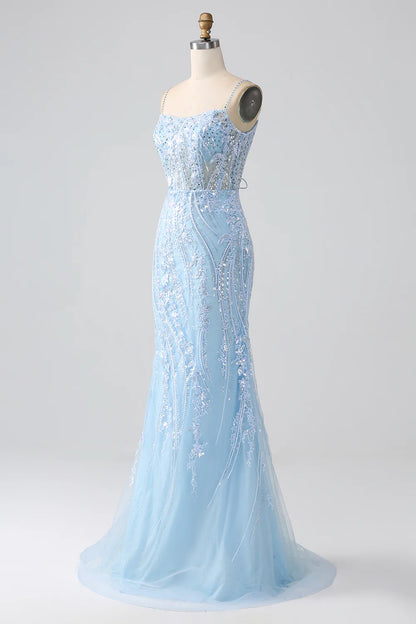 Amzcw Sparkly Sky Blue Mermaid Spaghetti Straps Corset Long Prom Dress With Sequins