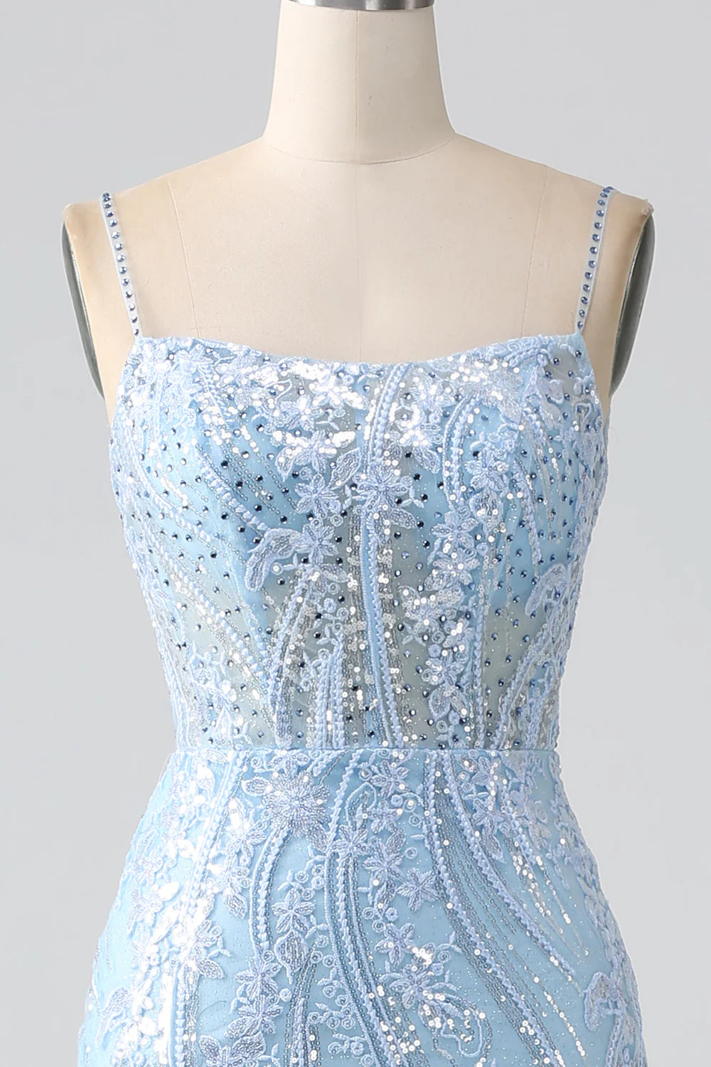 Amzcw Sparkly Sky Blue Mermaid Spaghetti Straps Corset Long Prom Dress With Sequins