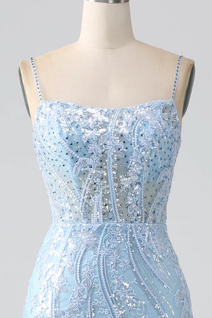 Amzcw Sparkly Sky Blue Mermaid Spaghetti Straps Corset Long Prom Dress With Sequins