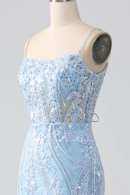 Amzcw Sparkly Sky Blue Mermaid Spaghetti Straps Corset Long Prom Dress With Sequins