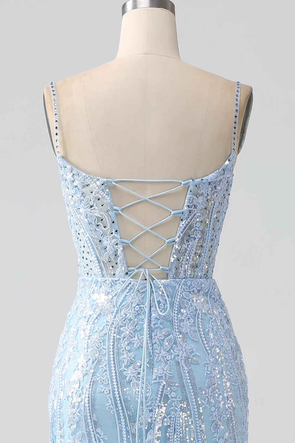 Amzcw Sparkly Sky Blue Mermaid Spaghetti Straps Corset Long Prom Dress With Sequins