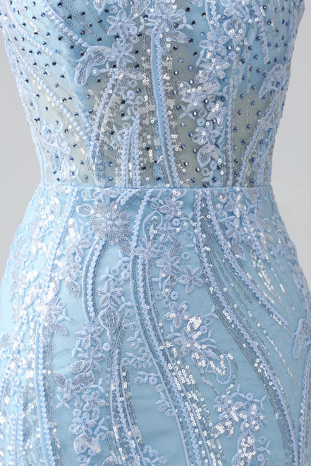 Amzcw Sparkly Sky Blue Mermaid Spaghetti Straps Corset Long Prom Dress With Sequins