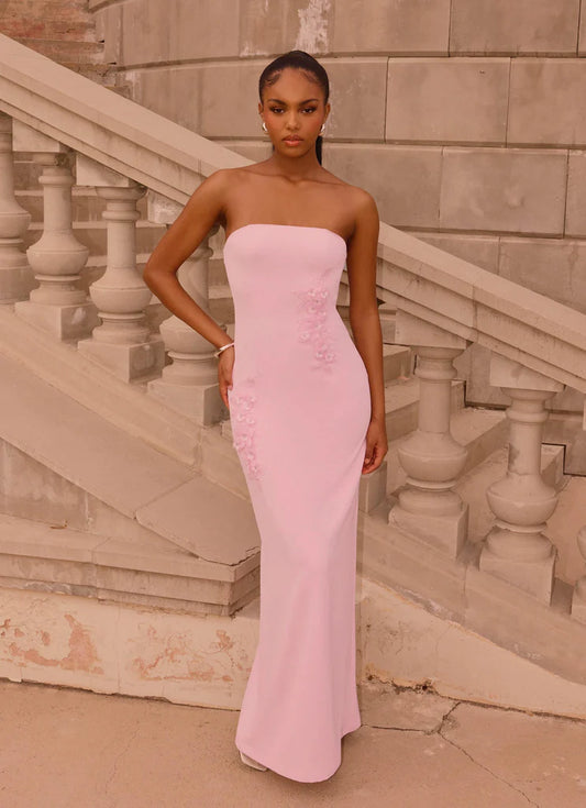 Baby Pink Strapless Maxi Prom Dress with 3D Floral Appliqué and Back Slit