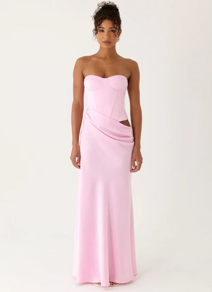 Baby Pink Strapless Satin Corset Back Lace Up Maxi Prom Dress
