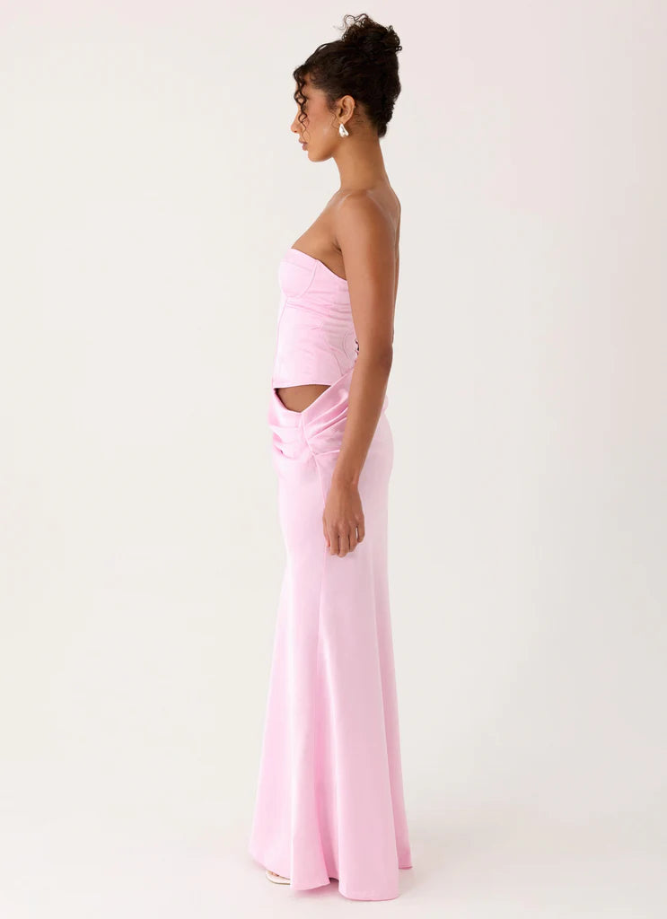 Baby Pink Strapless Satin Corset Back Lace Up Maxi Prom Dress