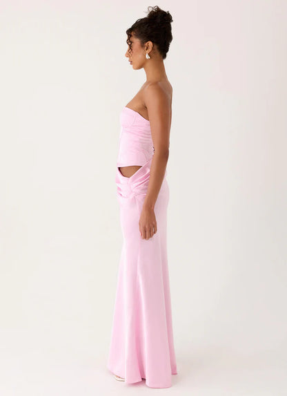 Baby Pink Strapless Satin Corset Back Lace Up Maxi Prom Dress