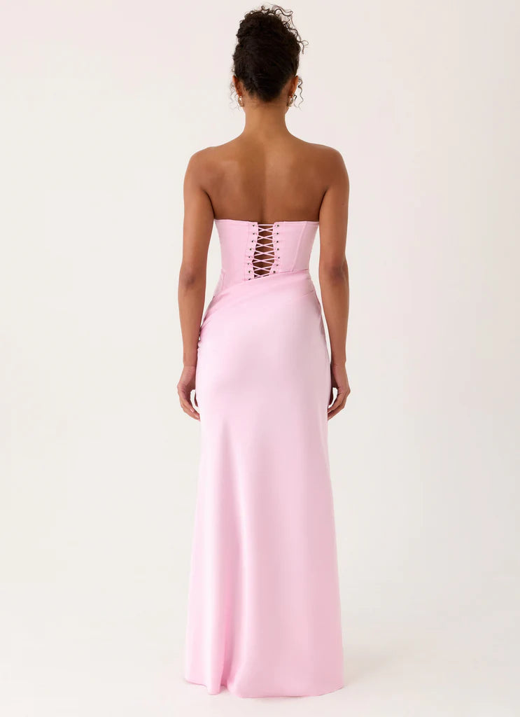 Baby Pink Strapless Satin Corset Back Lace Up Maxi Prom Dress