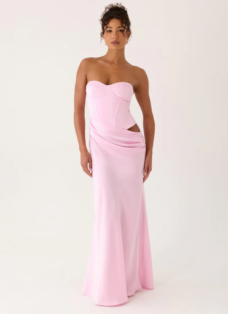 Baby Pink Strapless Satin Corset Back Lace Up Maxi Prom Dress