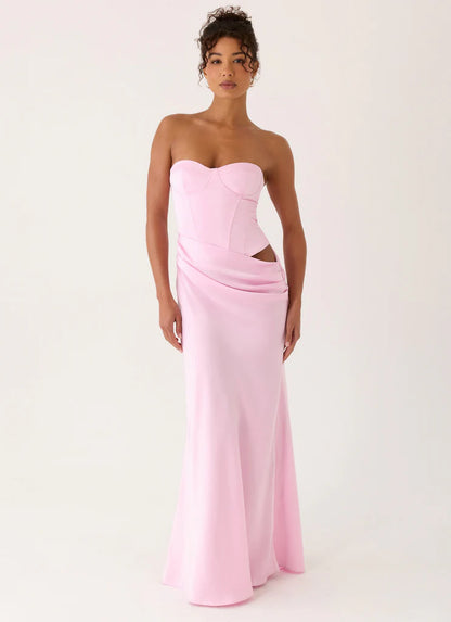 Baby Pink Strapless Satin Corset Back Lace Up Maxi Prom Dress