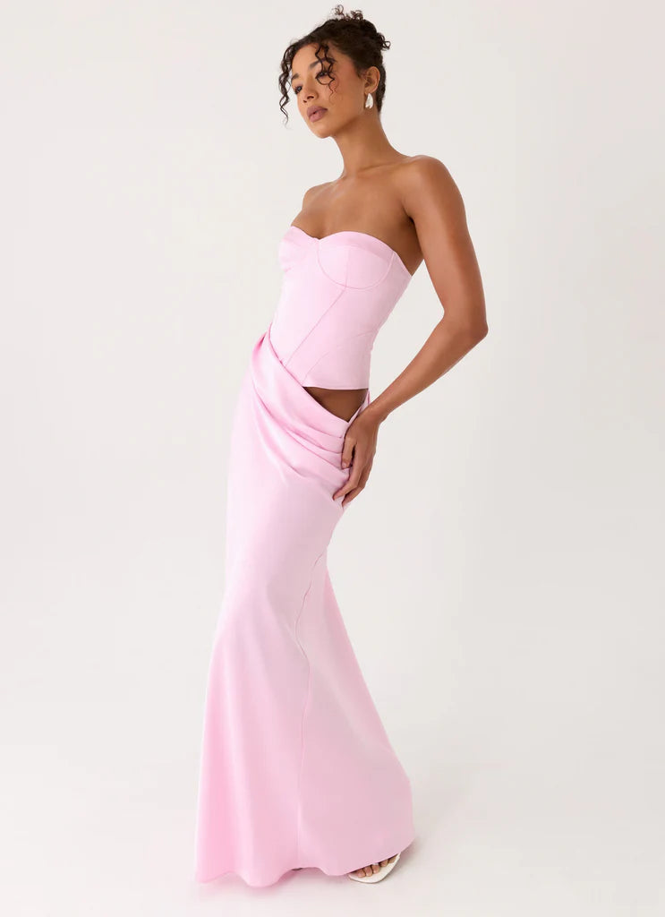 Baby Pink Strapless Satin Corset Back Lace Up Maxi Prom Dress