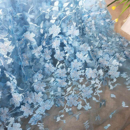 Ball Gown Blue Prom Dresses Floral Lace Bateau Long Cap Sleeve Quinceanera Dresses