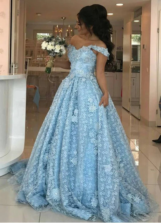 Vestido de fiesta con apliques de encaje azul claro, vestidos de fiesta con hombros descubiertos, vestidos de quinceañera 