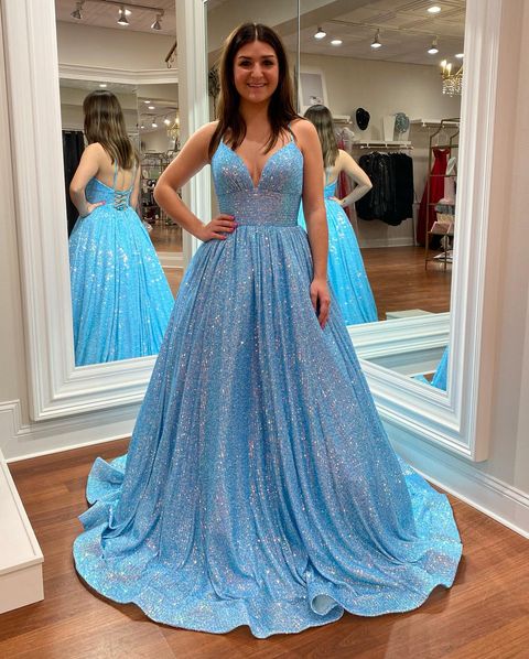 Vestido de fiesta largo con lentejuelas azul claro y escote en V para noche