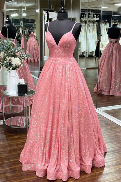Vestido de fiesta largo con lentejuelas azul claro y escote en V para noche