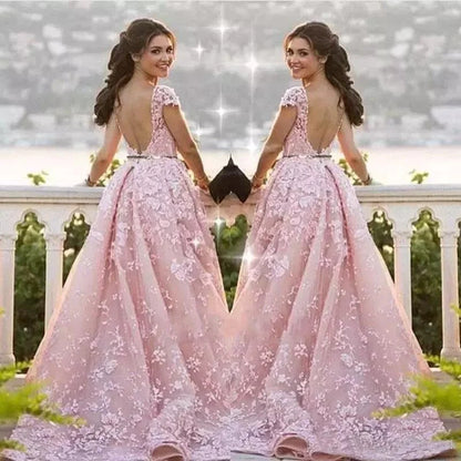Vestido de fiesta de sirena con apliques de encaje rosa, tul, mangas cortas, espalda descubierta 
