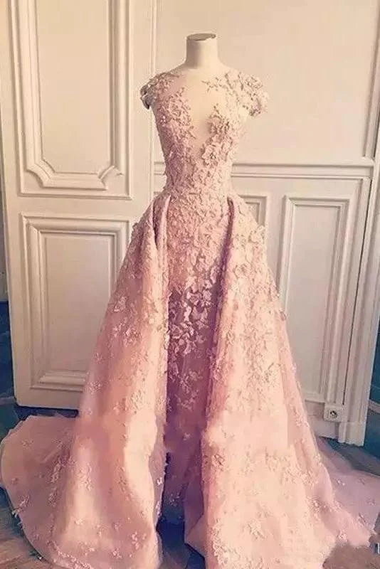 Vestido de fiesta de sirena con apliques de encaje rosa, tul, mangas cortas, espalda descubierta 
