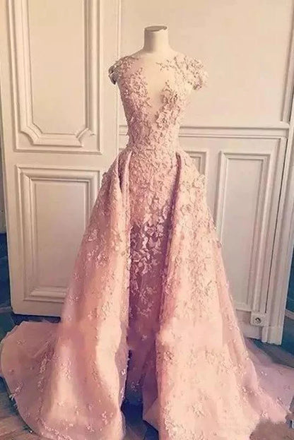 Vestido de fiesta de sirena con apliques de encaje rosa, tul, mangas cortas, espalda descubierta 