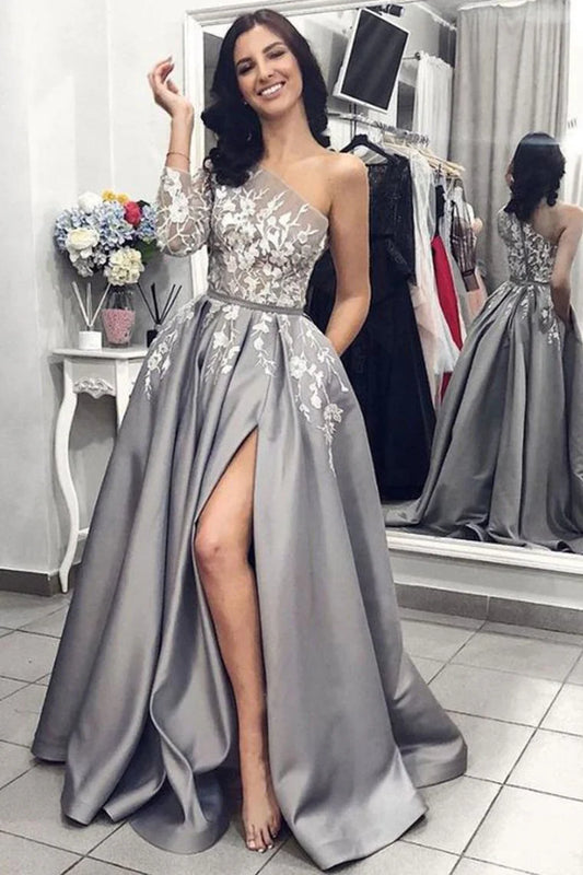 Vestido de fiesta largo de un hombro, manga larga, satén gris, abertura, encaje blanco, con bolsillos 