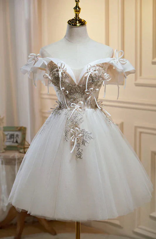 Beaded Lace Bow-Accent Off-Shoulder Tulle Mini Prom Dress