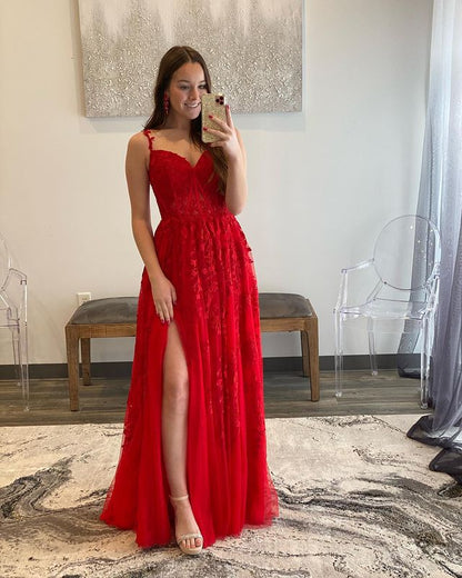 Beautiful A Line Spaghetti Straps Sweetheart Red Tulle Prom Dresses wi – Amzcw Dress