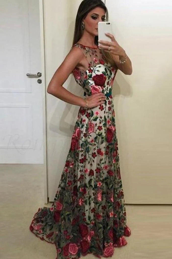 Hermosos vestidos de fiesta con escote redondo, vestido de fiesta de encaje con bordado floral de Aline Rose