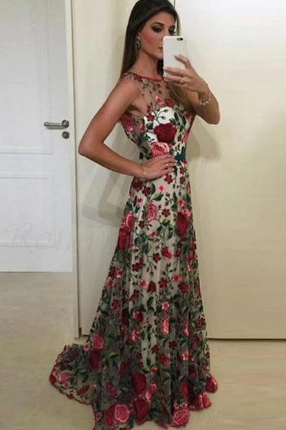 Hermosos vestidos de fiesta con escote redondo, vestido de fiesta de encaje con bordado floral de Aline Rose