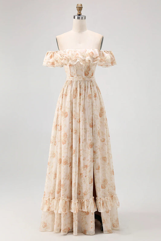 Beige Off-the-Shoulder Floral Print Ruffled Chiffon Maxi Dress with Corset Back