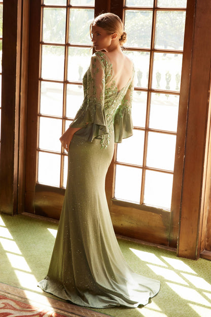 Bell Sleeve Floral Beaded Glitter Mermaid Prom Dresses (Champagne, Navy, Sage)