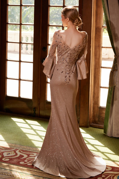 Bell Sleeve Floral Beaded Glitter Mermaid Prom Dresses (Champagne, Navy, Sage)