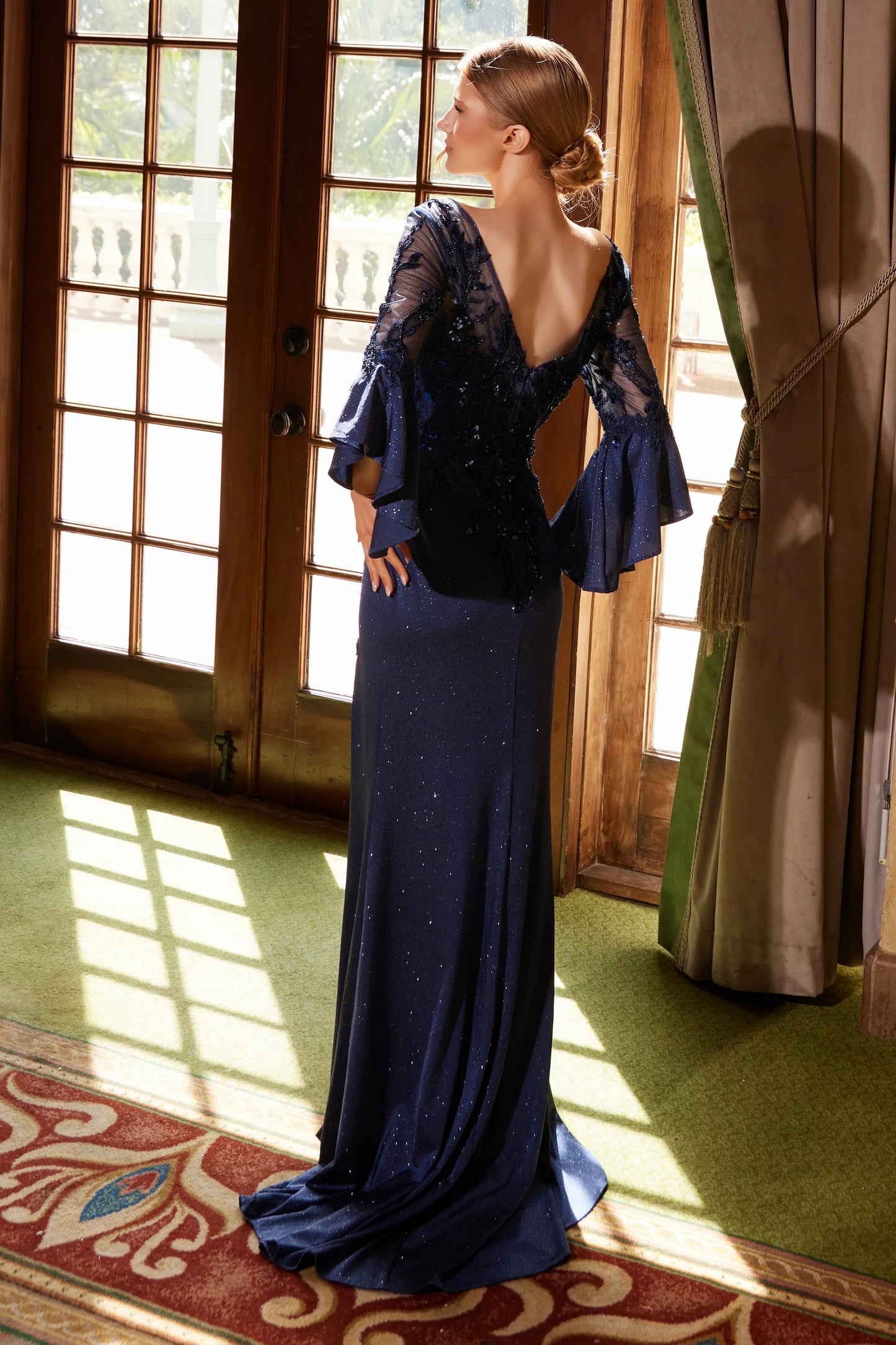 Bell Sleeve Floral Beaded Glitter Mermaid Prom Dresses (Champagne, Navy, Sage)