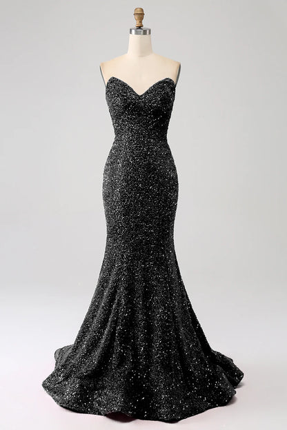 Amzcw Black Mermaid Sweetheart Sweep Train Prom Dress With Sequins prom dresses shops