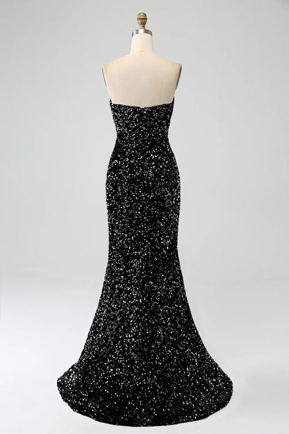 Amzcw Black Mermaid Strapless Sequins Long Prom Dress With Slit prom dresses shops