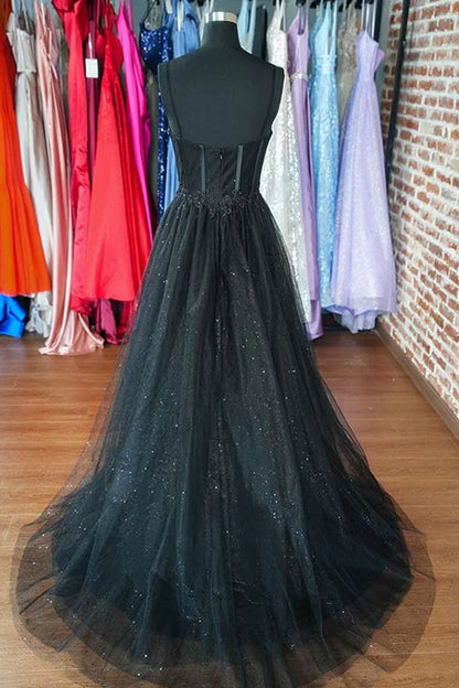 Black A Line Sweetheart Lace Aqppliques Tulle Prom Dresses Slit