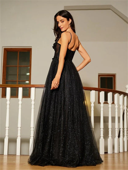 Black A Line Sweetheart Lace Aqppliques Tulle Prom Dresses Slit