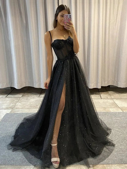Black A Line Sweetheart Lace Aqppliques Tulle Prom Dresses Slit