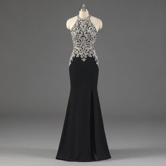 Black Memaid Halter Open Back Mother Of The Bride Dresses With Appliques