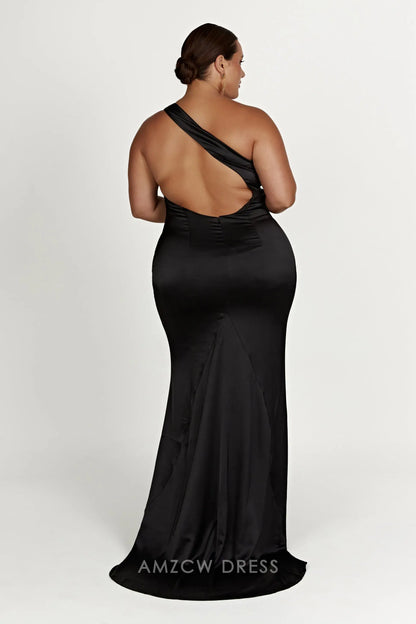 Elegant Plus Size Black Satin One - Shoulder Maxi Dress with Open Back Prom Dress