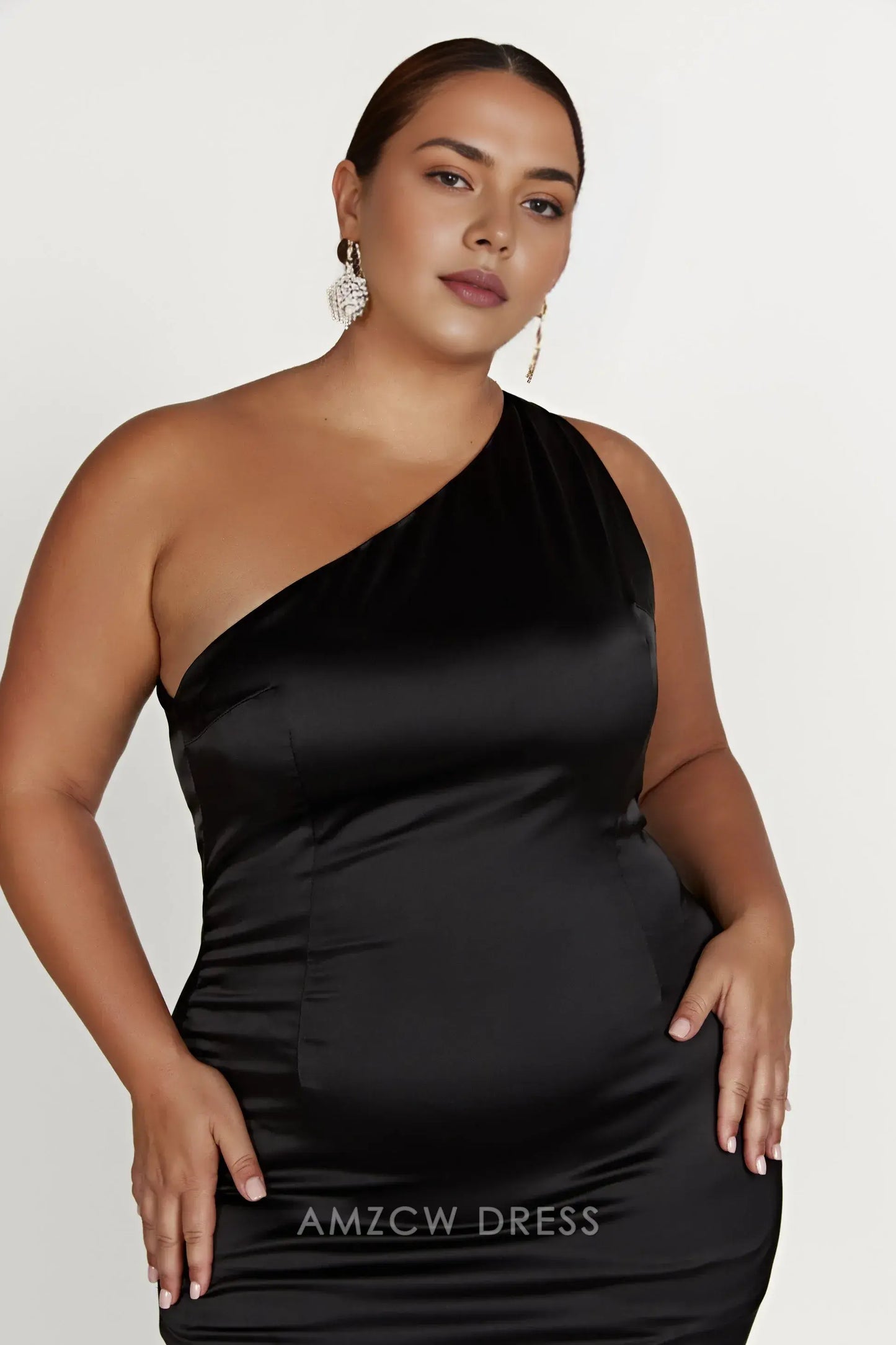 Elegant Plus Size Black Satin One - Shoulder Maxi Dress with Open Back Prom Dress