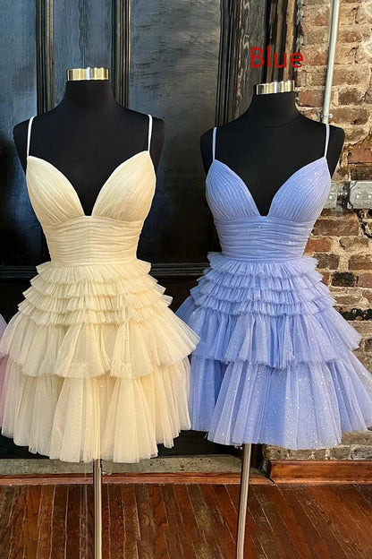 Vestidos cortos de fiesta con escote en V y tirantes finos, vestido perfecto para una fiesta de quinceañera. 