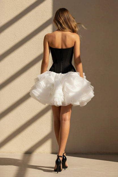 Black And White Strapless Sweetheart Corset Ruffled Tulle Mini Homecoming Dress