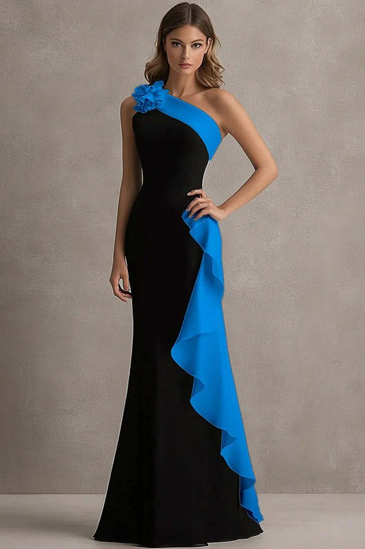 Black Blue One-Shoulder Ruffle Mermaid Maxi Prom Dress Formal Evening Gown