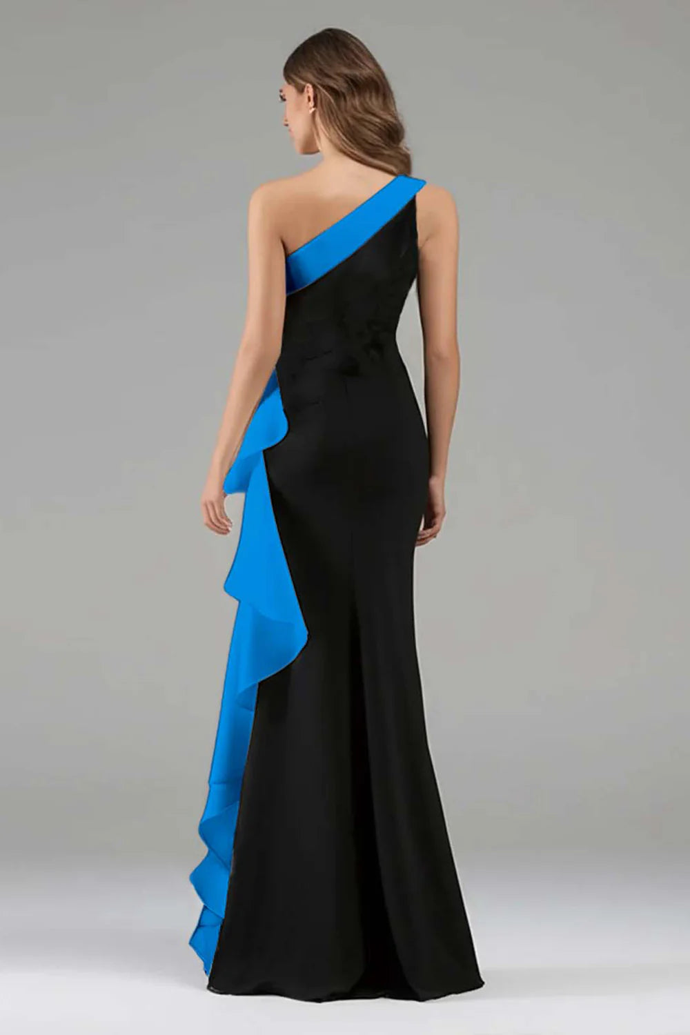 Black Blue One-Shoulder Ruffle Mermaid Maxi Prom Dress Formal Evening ...