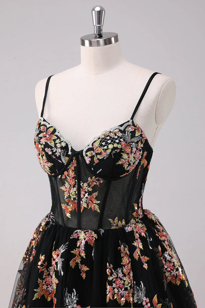 Black Floral Embroidered Corset Homecoming Dress with Spaghetti Straps, Sweetheart Neck, and Lace-Up Back