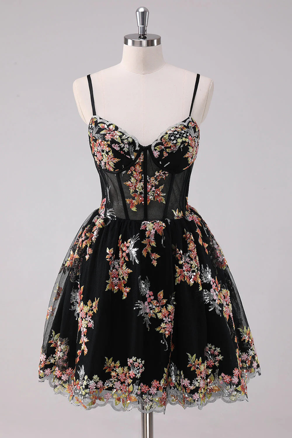Black Floral Embroidered Corset Homecoming Dress with Spaghetti Straps, Sweetheart Neck, and Lace-Up Back