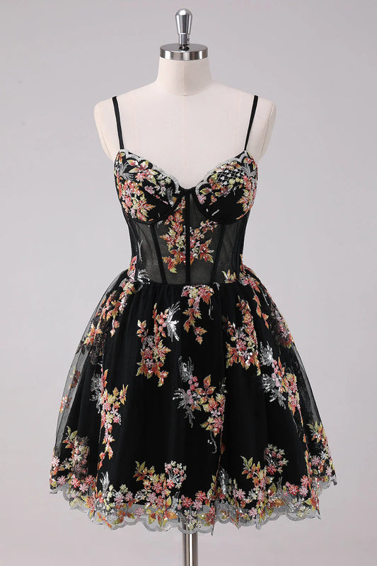 Black Floral Embroidered Corset Homecoming Dress with Spaghetti Straps, Sweetheart Neck, and Lace-Up Back