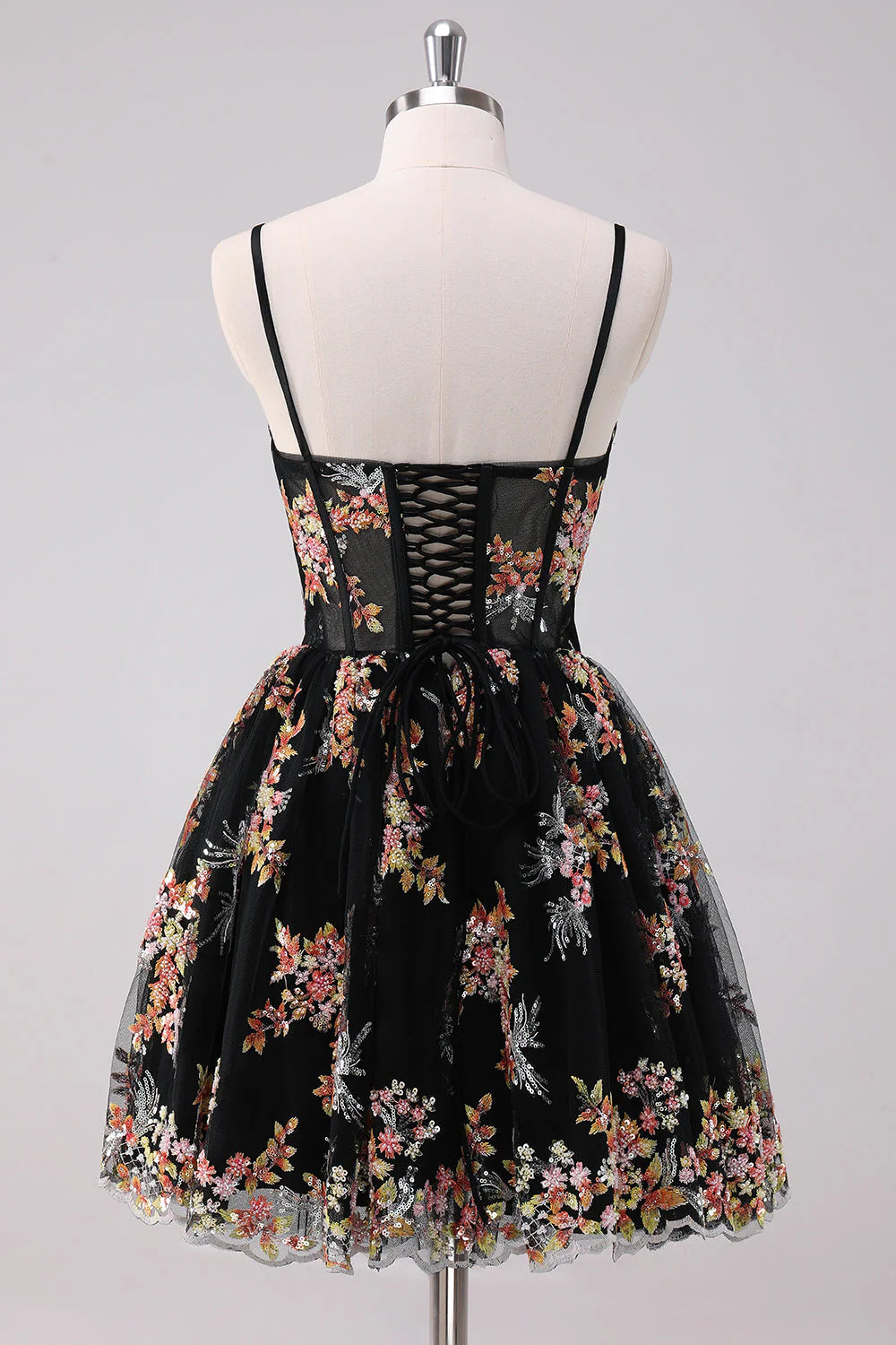 Black Floral Embroidered Corset Homecoming Dress with Spaghetti Straps, Sweetheart Neck, and Lace-Up Back